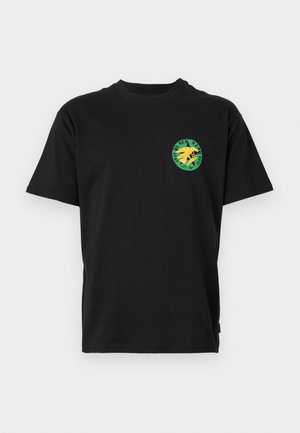 Black cotton t-shirt with short sleeves and a crew neckline, featuring a colorful circular graphic on the left chest depicting a bird and text.