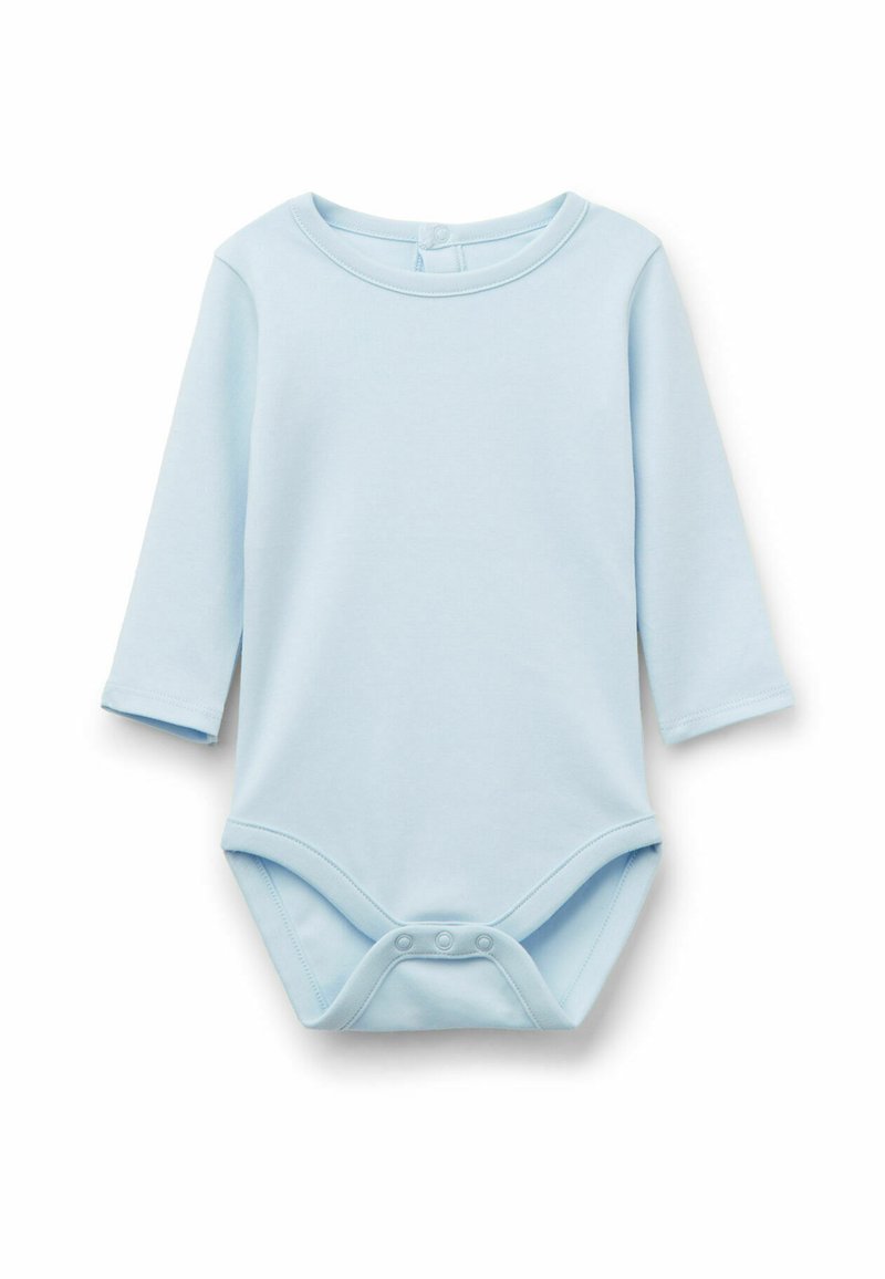 Světle modrý body s dlouhými rukávy vyrobený z měkké bavlny, s kulatým výstřihem a patentkami na dně pro snadné oblékání.