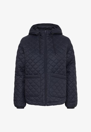 Veste matelassée bleu marine avec capuche, deux poches avant et fermeture zippée. Comprend des poignets élastiques et une texture lisse.
