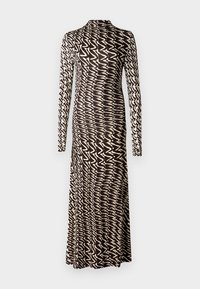 Robe à manches longues au design ajusté, arborant un motif ondulé noir et crème, avec un col haut et une silhouette fluide jusqu'au sol.