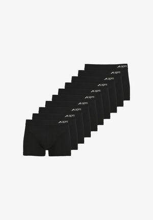Mutande boxer nere in cotone disposte in fila, con un logo nella parte superiore. Tessuto morbido con una vestibilità aderente e senza motivi visibili.