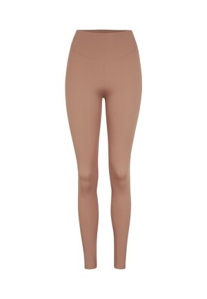 Leggings marron en matériau extensible, avec une taille haute, une texture lisse et une coupe ajustée. Pas de motifs visibles.