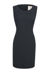 Ärmlös klänning i mörk marinblå med rund halsringning, har en figursydd form och en dragkedja i ryggen. Slät tygtextur.