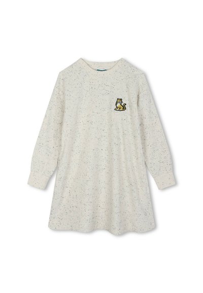 Robe à manches longues de couleur beige clair avec des éclats multicolores. Elle arbore un petit tigre brodé sur la poitrine. Tissu doux en tricot.