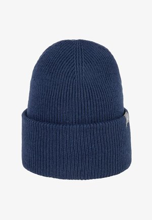 Navyblauwe gebreide beanie met een geribde textuur en een omgeslagen rand. Bevat een klein logo-label aan de zijkant.