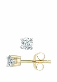 Kullast kõrvarõngad ümarate teemantidega, mis on kinnitatud küünte alusel, ning väiksema teemantikõrvarõngaga üleval, valgel taustal.