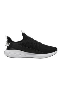 Sneaker sportivo nero con tomaia in rete testurizzata, lacci elastici, suola bianca ammortizzata e un logo prominente sul tallone.