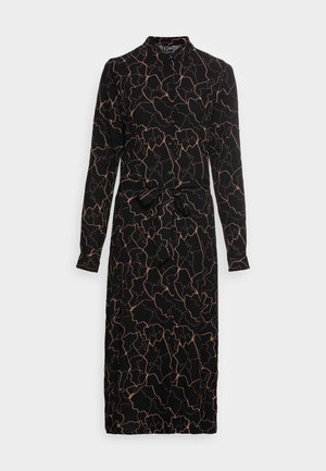 Robe midi noire à manches longues avec motif abstrait beige en lignes, devant boutonné, col et ceinture à nouer à la taille.