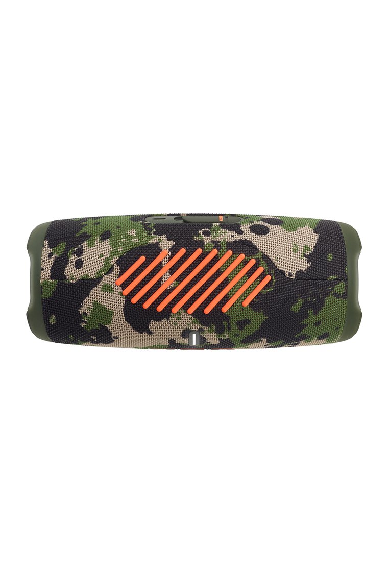 Haut-parleur Bluetooth portable avec un motif camouflage vert et beige, grille diagonale orange et bords arrondis sur fond blanc.