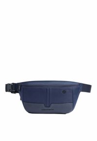 Marsupio in tessuto blu navy con una superficie liscia, compartimento principale con zip e due tasche frontali. Cinghia regolabile per una vestibilità comoda.
