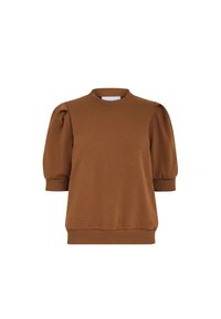 Brun pullover kortärmad sweatshirt i mjukt tyg. Har rund halsringning och puffärmar med ribbade muddar och fåll.
