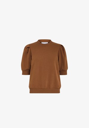 Sweatshirt marron à manches courtes en tissu doux. Il présente un col rond et des manches bouffantes avec des poignets et un ourlet côtelés.