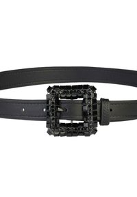 Curea din piele neagră, cu o cataramă pătrată împodobită cu cristale rectangulare și rotunde negre. Textură netedă, cu găuri ajustabile.