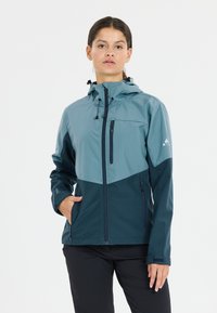 Water-resistant jacket with a two-tone design in teal and navy. Features a hood, zippered pockets, and adjustable cuffs for a secure fit.
