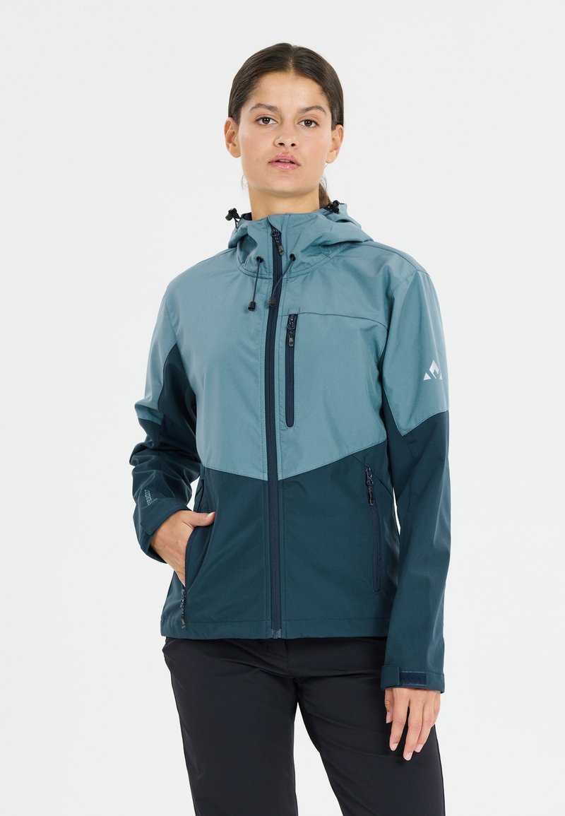 Water-resistant jacket with a two-tone design in teal and navy. Features a hood, zippered pockets, and adjustable cuffs for a secure fit.