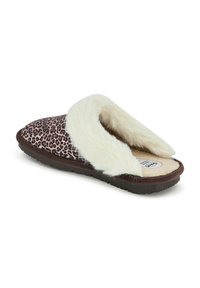 Chausson en imprimé léo avec un doux col en fausse fourrure blanche et une semelle marron. Présente un dessus texturé et une semelle intérieure rembourrée.