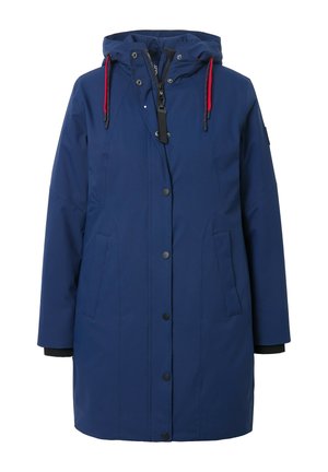 Marineblaue Parkajacke mit Kapuze, vorderer Druckknopfverschluss, zwei Seitentaschen und schwarzen Strickbündchen. Glatter, wasserfester Stoff.