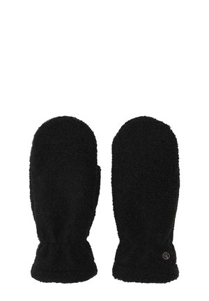 Paar schwarze Fleecevorgloves mit elastischen Handgelenksbändern, mit einem kleinen runden Metalllogo am Bündchen einer der Fäustlinge.