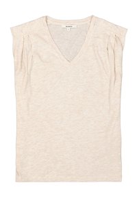 Beige Oberteil mit kurzen Ärmeln aus weichem Stoff, mit einem V-Ausschnitt und dezenten Falten an den Schultern für ein designtypisches Detail.