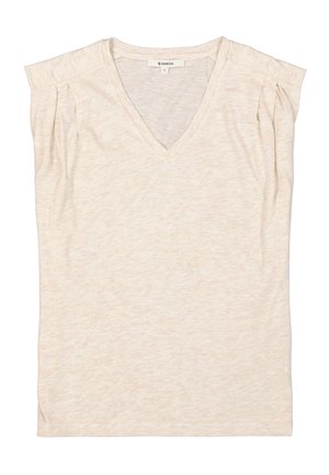 Beige T-shirt met korte mouwen van zachte stof, met een V-hals en subtiele plooien op de schouders voor een ontwerpdetail.
