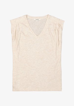 Beige T-shirt met korte mouwen van zachte stof, met een V-hals en subtiele plooien op de schouders voor een ontwerpdetail.