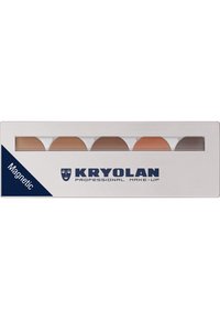 Kryolan magnetic makeup palette featuring five circular cream shades in various skin tones, housed in a silver metal case with a clear window.