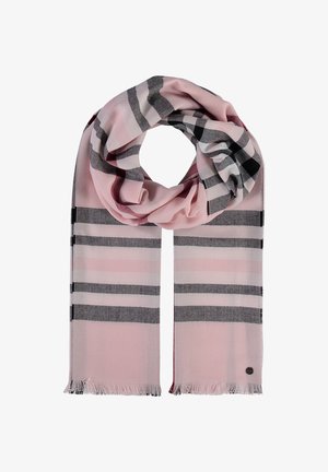 Écharpe rose pâle avec un motif à carreaux noir, blanc et bordeaux, bouclée de manière lâche avec des bords effilochés et une petite étiquette ronde noire.