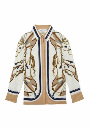 Bluzka z długim rękawem na guziki z beżowym spodem, białymi i granatowymi paskami oraz misternymi złotymi wzorami sznura i frędzli na przodzie i rękawach.