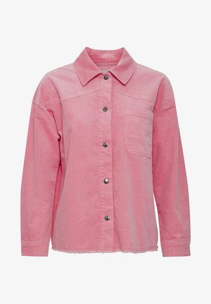 Rosa Denim-Hemd mit Kragen, Vorderknöpfen, einer einzelnen Brusttasche und rohem Saum. Lange Ärmel mit geknöpften Manschetten.