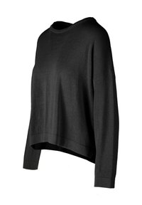 Maglione nero a maniche lunghe con scollatura ampia, vestibilità comoda e polsini a coste. Tessuto morbido con una superficie liscia.