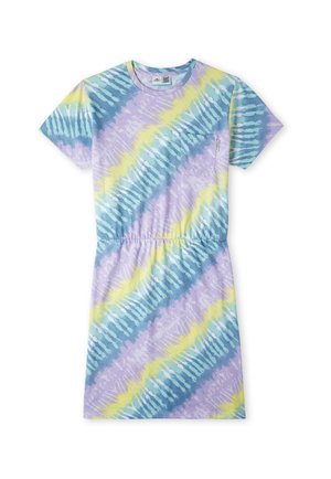 Korte mouwen jurk van zachte katoen met een tie-dye patroon in blauw, lavendel en gele tinten. Voorzien van een zak aan de voorkant en een elastische taille.