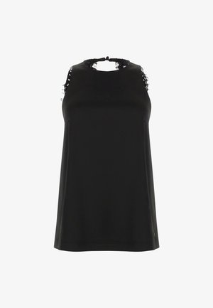 Mustamata ilma varrukat särk kõrge kaelusega, millel on kulunud pitsi aktsendid õlgadel ja sile ning pehme tekstuur.