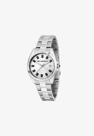 Orologio in acciaio inox silver con quadrante rotondo, cassa bianca, indici neri e display della data. Presenta un design a bracciale a maglie.