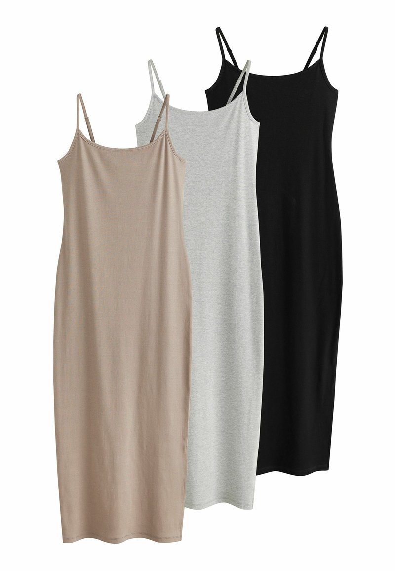 Tre vestiti aderenti con spalline a spaghetto nei colori beige, grigio e nero. Realizzati in materiale morbido e elasticizzato, con una texture liscia e un design che arriva fino al ginocchio.