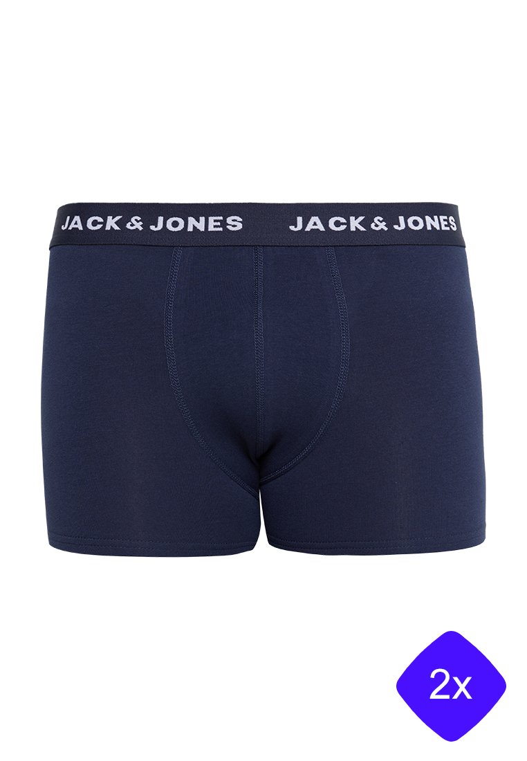Navyblaue Baumwollboxershorts mit einem weißen "JACK & JONES" Logo-Bund und einer engen Passform; zeichnen sich durch eine glatte Textur und eine strukturierte Gestaltung aus.