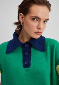 Un pull en tricot coloré avec un corps vert, un col bleu marine et une fermeture à boutons. Manches à motifs avec des couleurs et des textures variées.
