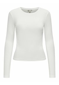 Haut à manches longues blanc, fabriqué en tissu doux, avec un col rond et une coupe ajustée, sans motifs ni accents visibles.