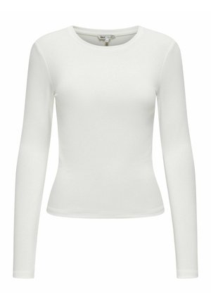 Top blanco de manga larga, hecho de una tela suave, con un escote redondo y un diseño ajustado, sin patrones ni acentos visibles.