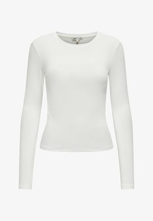 Top branco de manga longa, feito de tecido macio, com um decote redondo e um design ajustado, sem padrões ou detalhes visíveis.