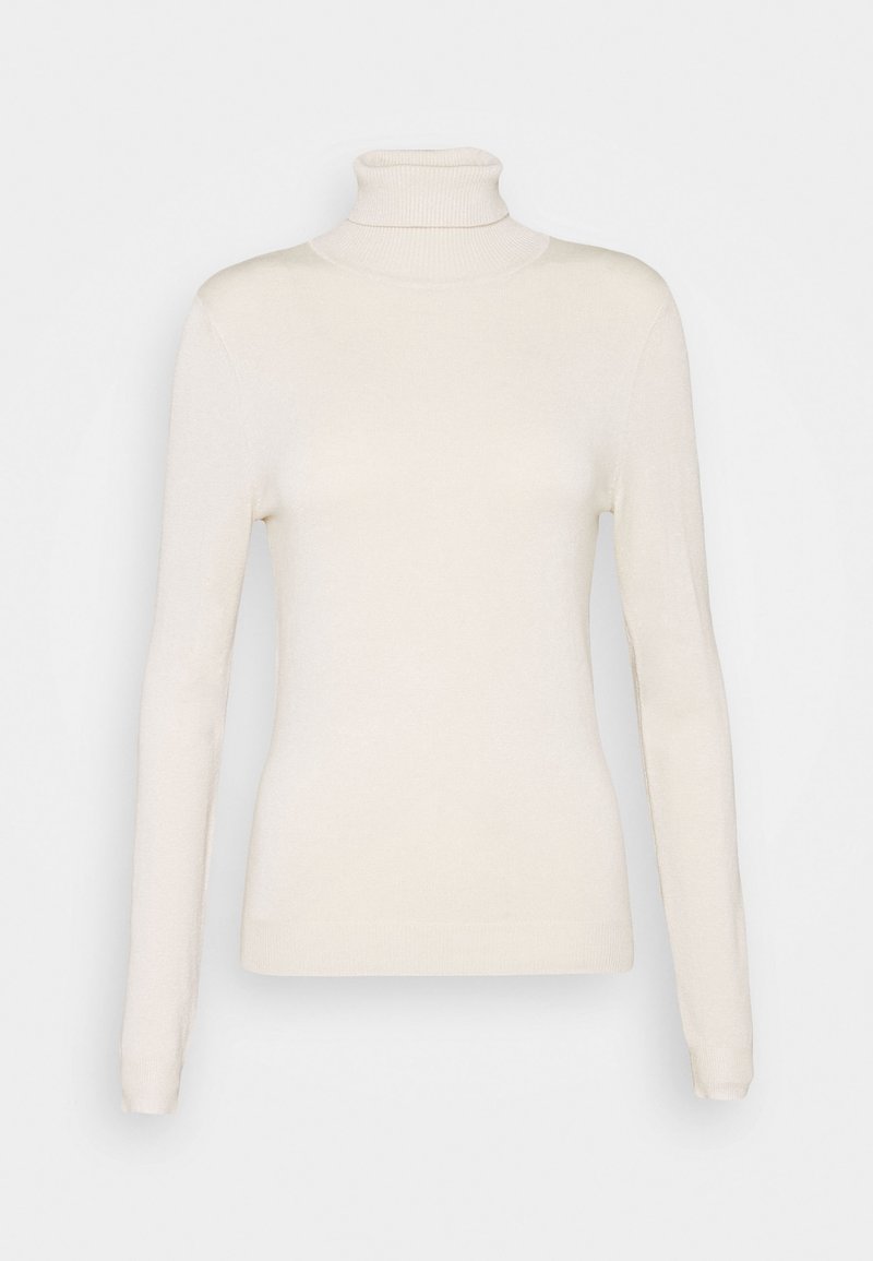 Pull à col roulé à manches longues de couleur crème avec col, poignets et ourlet côtelés, présenté sur un fond clair uni.