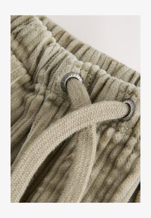 Žametne hlače z reliefnim, rebrastim vzorcem v bež barvi. Nastavljiv vrvica z metalnimi okroglimi očesi in mehak, udoben videz.