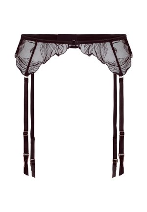 Jarretière en dentelle noire avec motifs floraux et quatre bretelles réglables suspendues pour attacher aux bas.