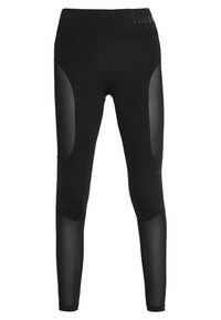 Leggings neri Nike con pannelli in rete sulle cosce e sui polpacci, vita alta e logo discreto vicino alla cintura e al ginocchio.