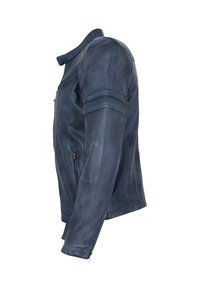 Dunkelblaue Lederjacke mit Druckknopfkragen, Reißverschluss vorne und Seitentaschen. Mit gesteppten Akzenten an den Ärmeln und der Schulter. Glatte Textur.