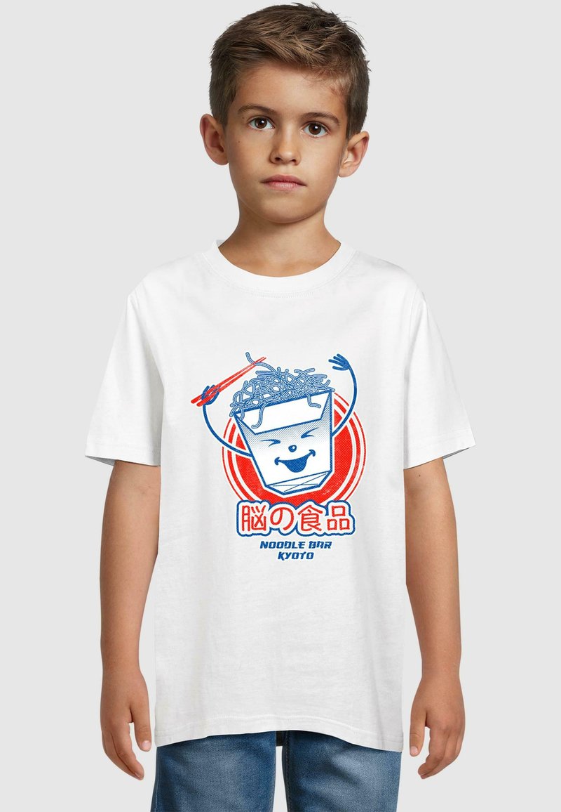 White short-sleeve t-shirt featuring a graphic of a smiling noodle box, chopsticks, and text in blue and red, set against a plain background.