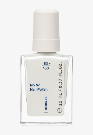 Bottiglia di vetro trasparente con un tappo bianco a righe. L'etichetta presenta la dicitura "No No Nail Polish" in testo blu, con 11 mL / 0,37 fl. oz. in basso.