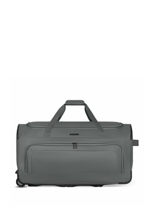 Large gray wheeled duffel bag with dual handles, front zipper pocket, and side handle on white background.
