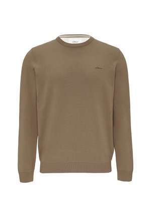 Brązowy sweter robiony na drutach z okrągłym dekoltem, ściągaczami na rękawach i dole. Posiada małe haftowane logo na piersi. Wykonany z miękkiego materiału.