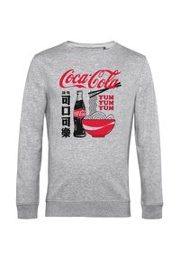 Felpa grigia con una grafica della Coca-Cola che presenta una bottiglia, una ciotola di noodles e il testo "YUM YUM YUM" in rosso e nero.