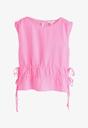 Mouwloze roze blouse met ronde hals, geplooide taille en zijstrikjes voor een verstelbare pasvorm.